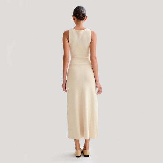 Elegant Knitted Sleeveless Dress With Single Breast Fashion Slim Round Neck Long Dresses Womens Clothing