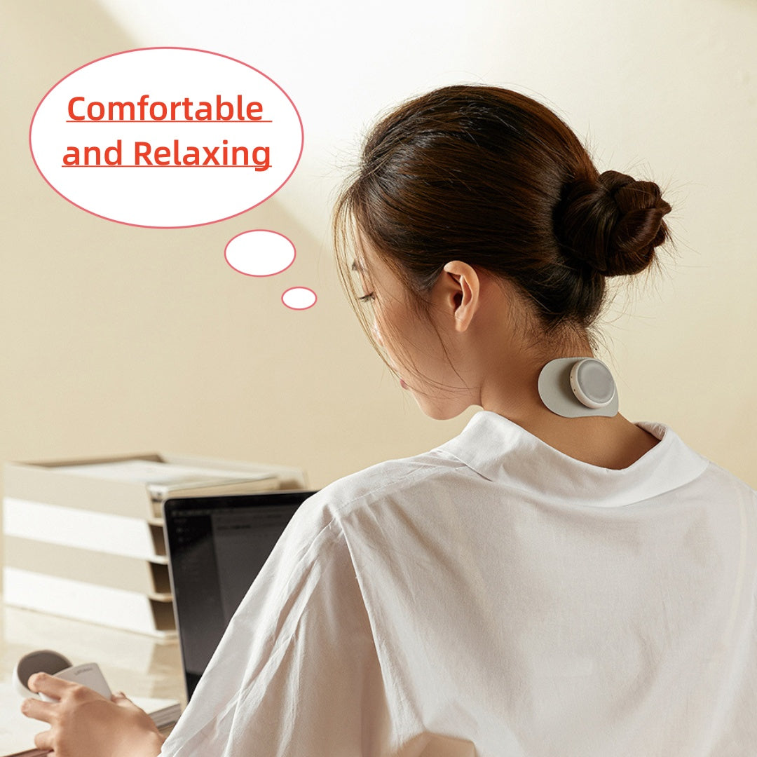 Woman using a neck massager with text 'Comfortable and Relaxing' on a beige background