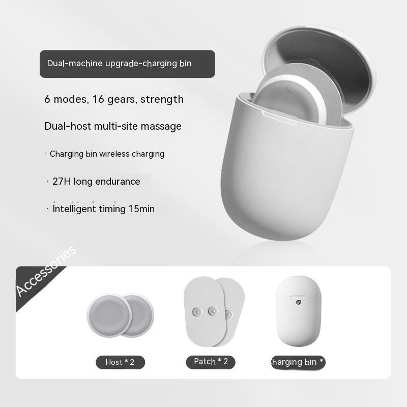White charging bin with text detailing features on a gray background