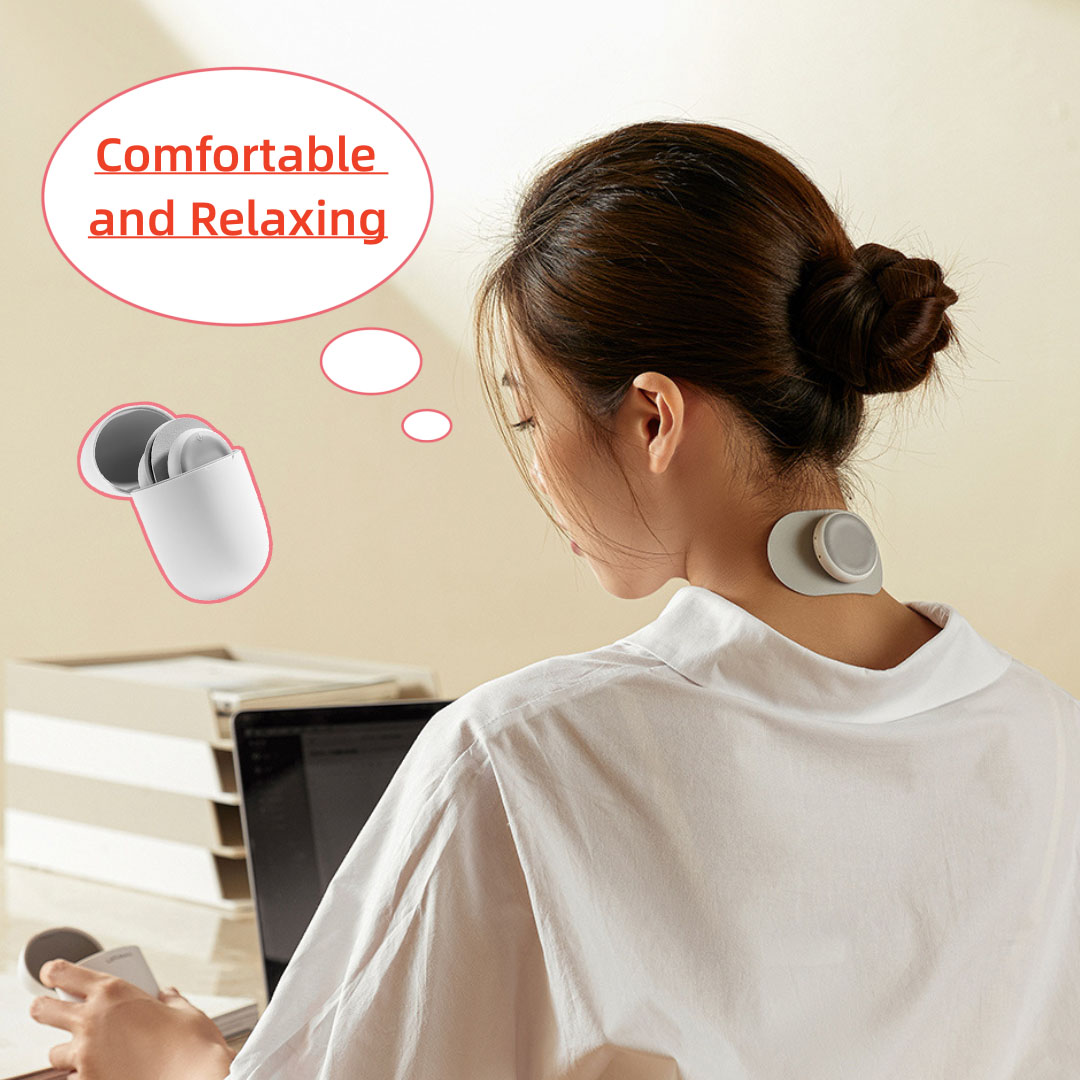 Woman using neck massager with text 'Comfortable and Relaxing' on a beige background