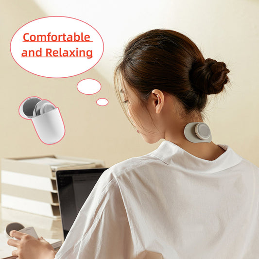 Woman using neck massager with text 'Comfortable and Relaxing' on a beige background
